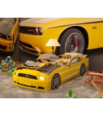 Кровать машина Mustang с подсветкой фар дна и колесами yellow